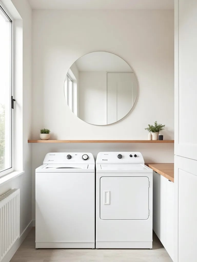 Scandinavian style white laundry room with wood accents and round mirror