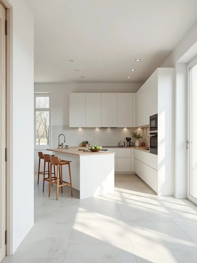 Scandinavian white kitchen featuring subtle grey limestone flooring