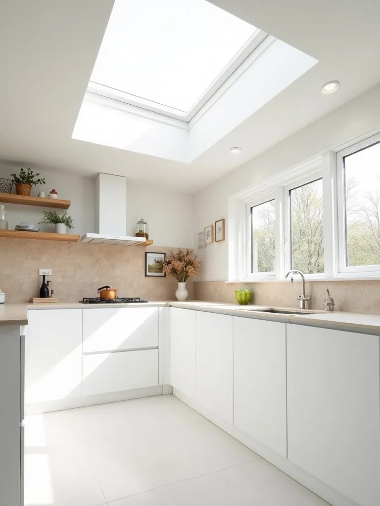 Scandinavian white kitchen with wooden hexagon backsplash and skylight