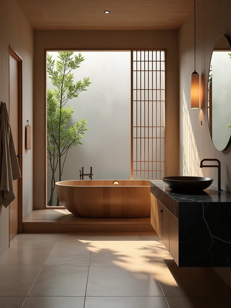 Serene Japanese bathroom with wooden ofuro tub and shoji screens
