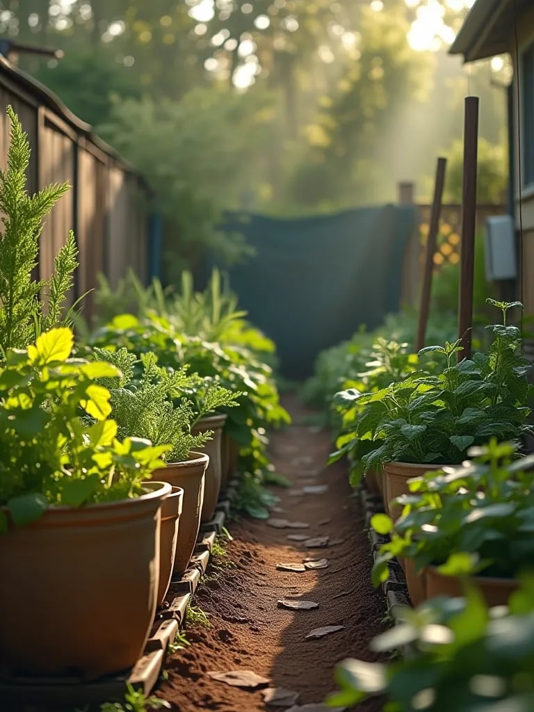 Serene backyard with self watering planters and fabric grow bags for vegetables