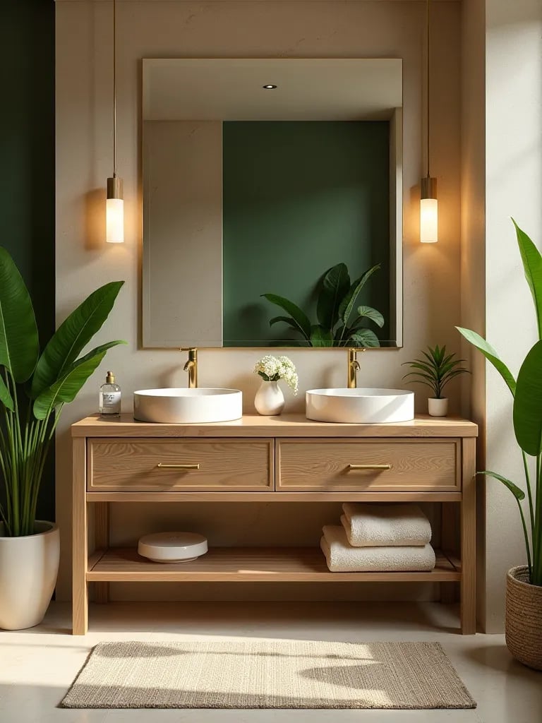 Serene bathroom featuring bamboo vanity with double sinks