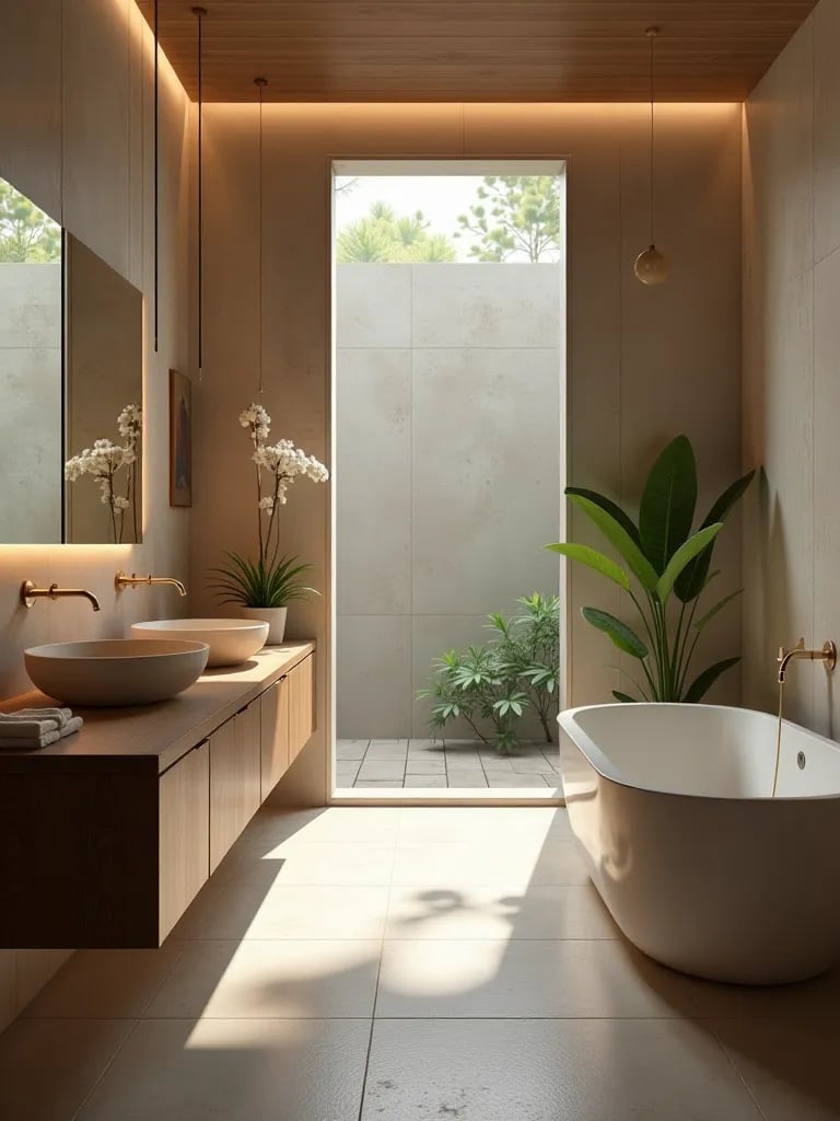Serene bathroom featuring floating wooden vanity and large soaking tub