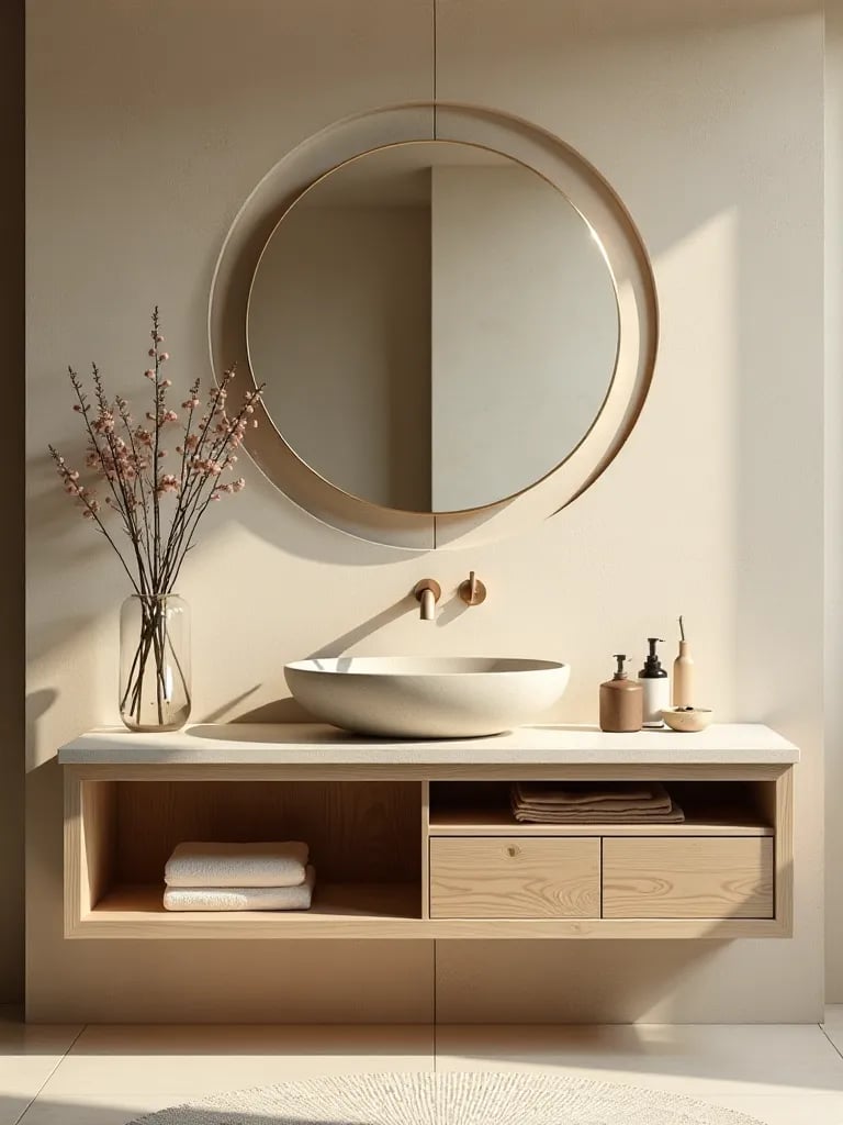 Serene bathroom with light wood floating vanity and large window