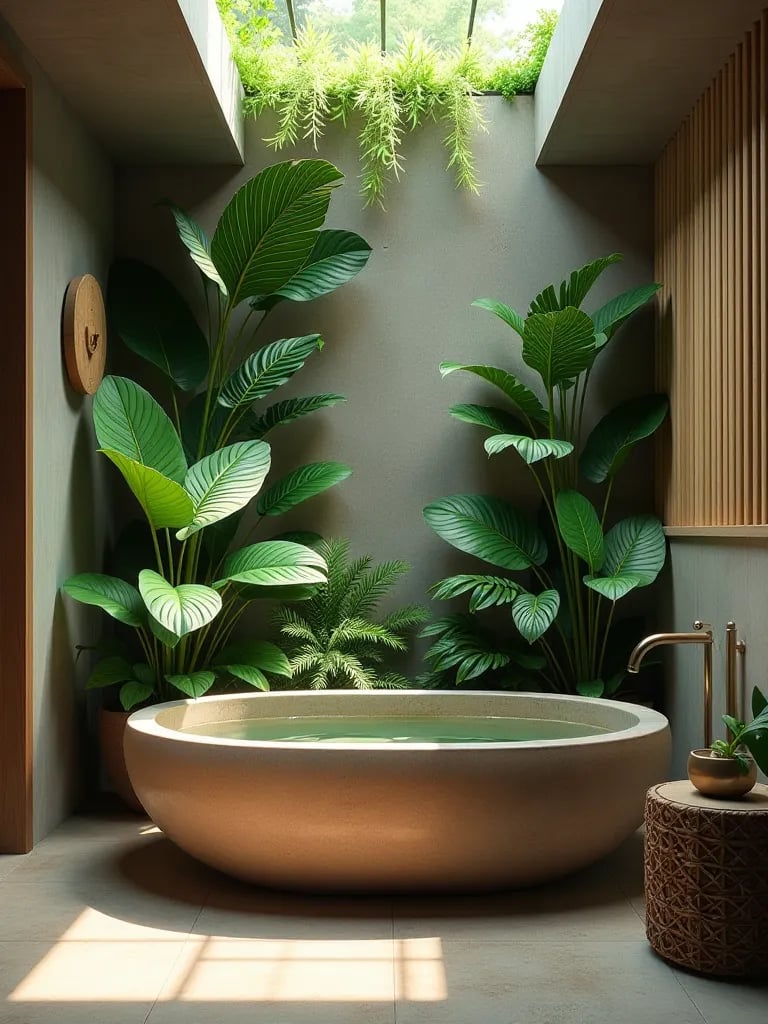 Serene bathroom with stone tub and tropical plant wall