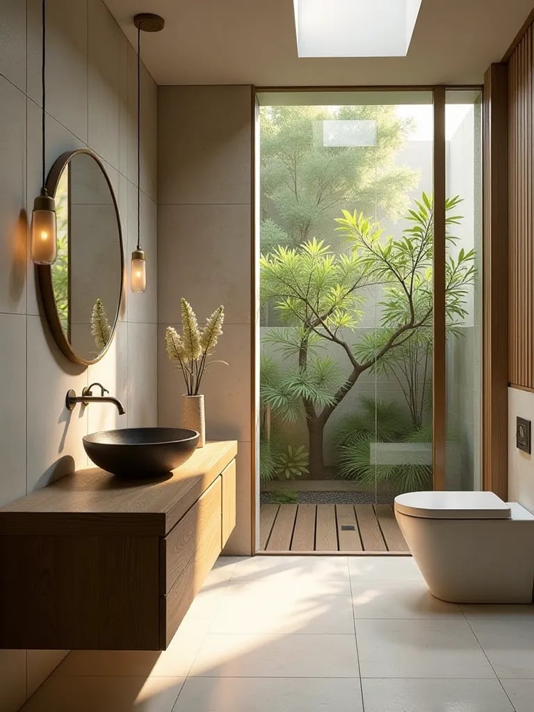 Serene bathroom with teak wood floating vanity and stone vessel sink