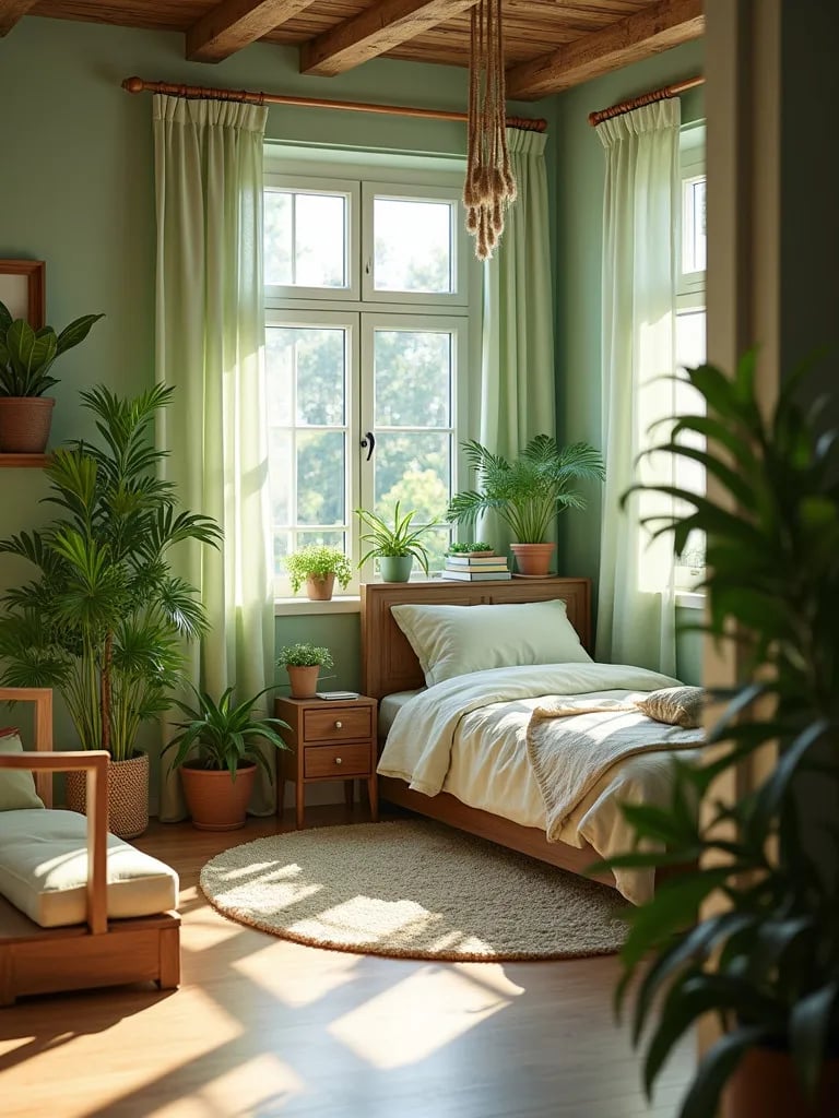Serene bedroom with green walls, plants, and wooden furniture