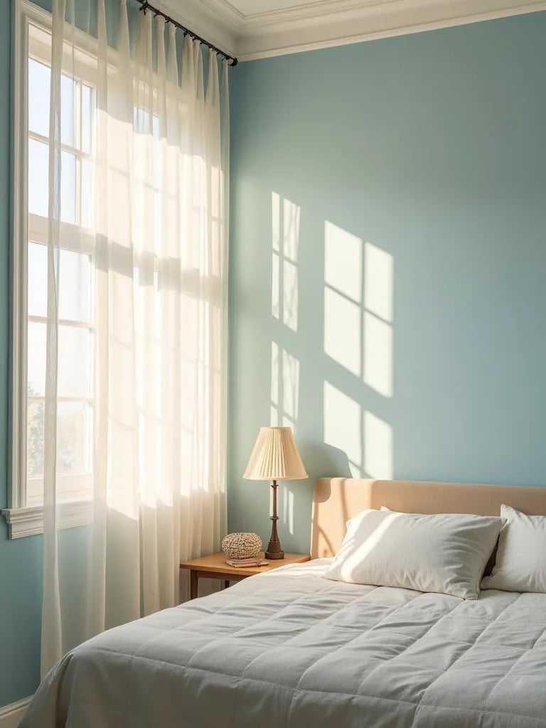Serene blue bedroom with golden sunlight and white trim