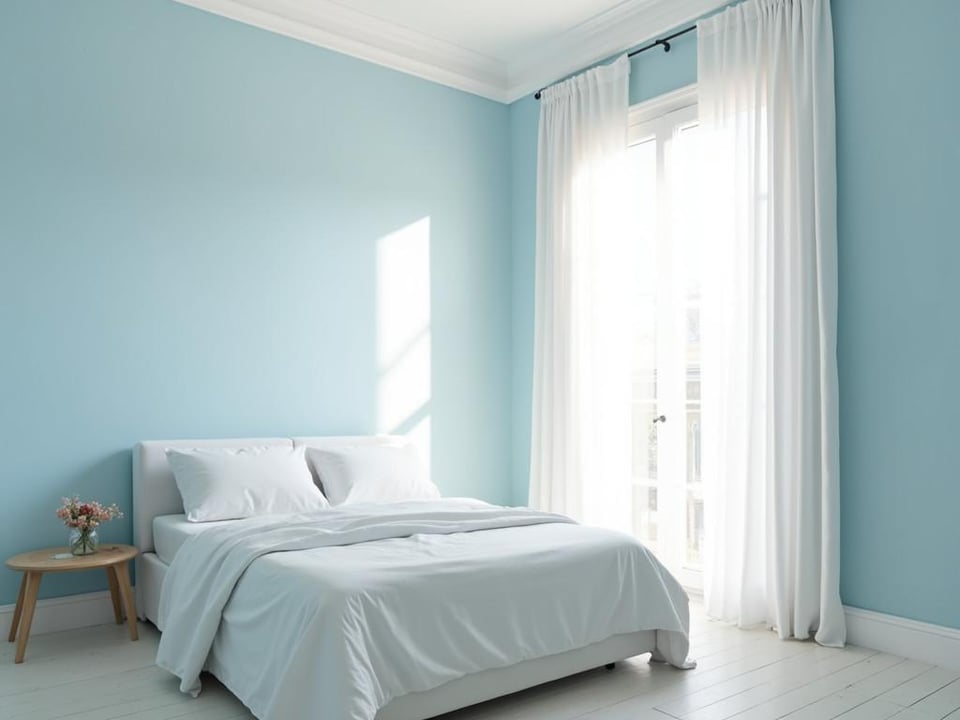 Serene blue bedroom with natural light and white trim