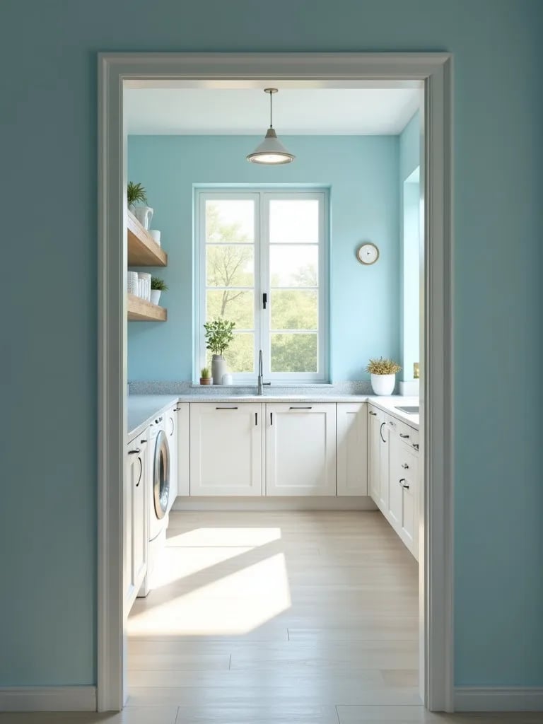 Serene blue laundry room with white cabinets and natural light