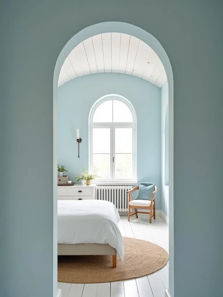 Serene coastal bedroom with light blue walls and white accents