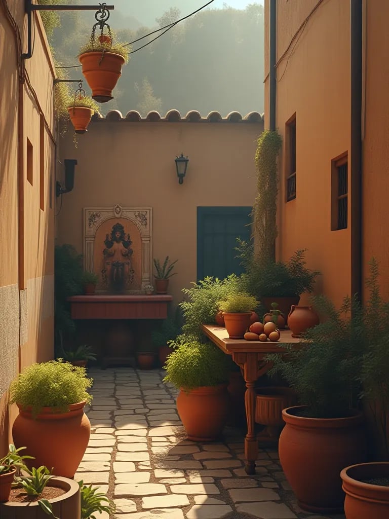 Serene container vegetable garden with Japanese elements during light rain