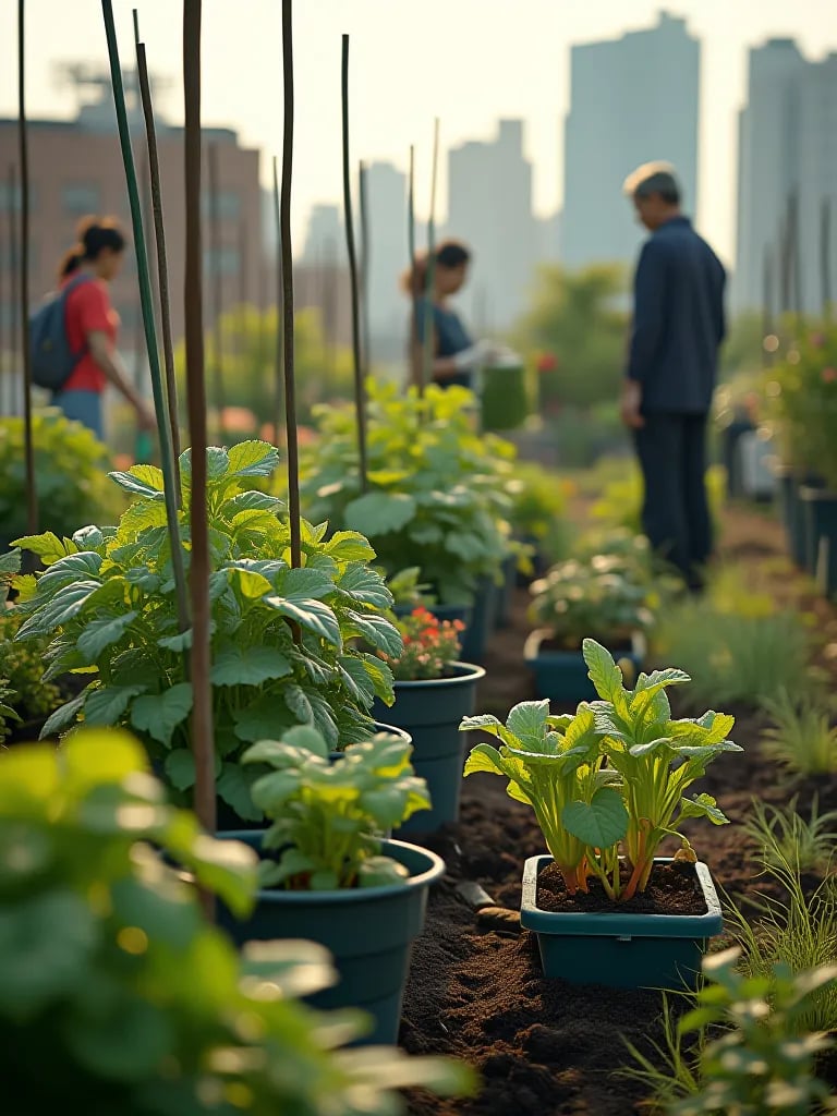 Serene container vegetable garden with bamboo trellises and water feature