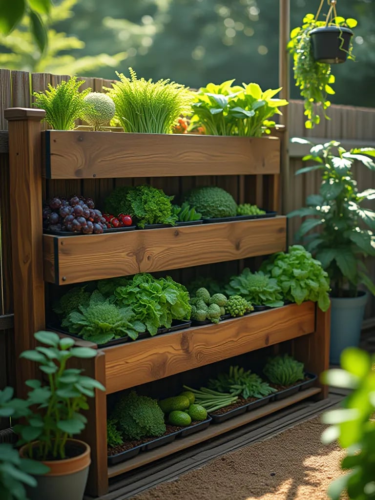 Serene garden corner with multi level planters filled with vegetables and dwarf trees