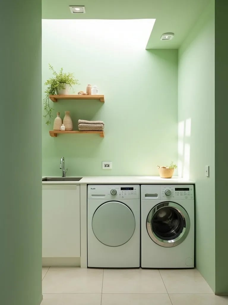 Serene green laundry room with skylight and bamboo elements
