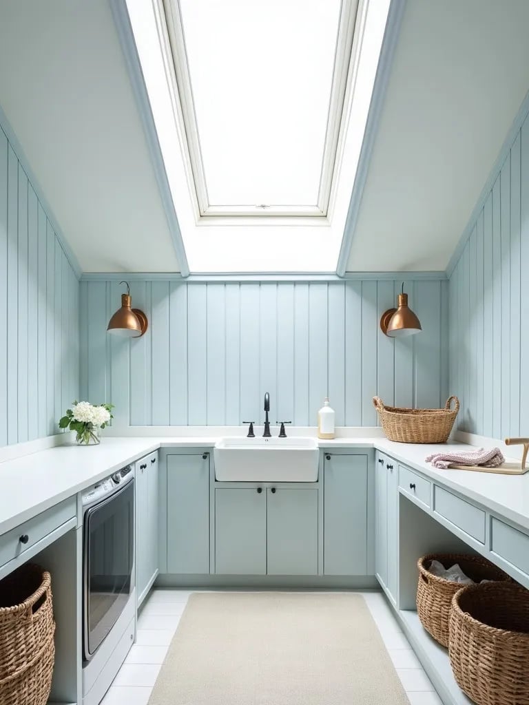 Serene laundry room with light blue beadboard walls and white cabinets