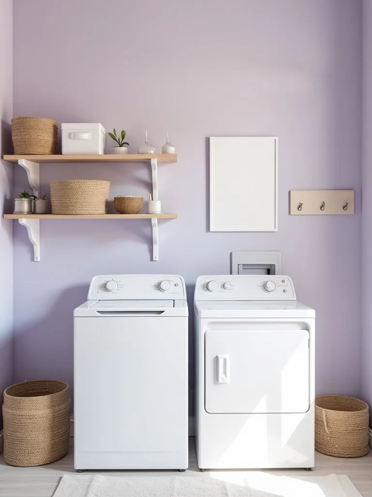 Serene laundry room with pale lavender walls and white appliances