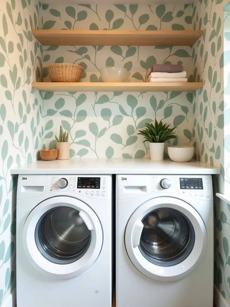 Serene laundry room with sage green leaf wallpaper and wooden open shelving