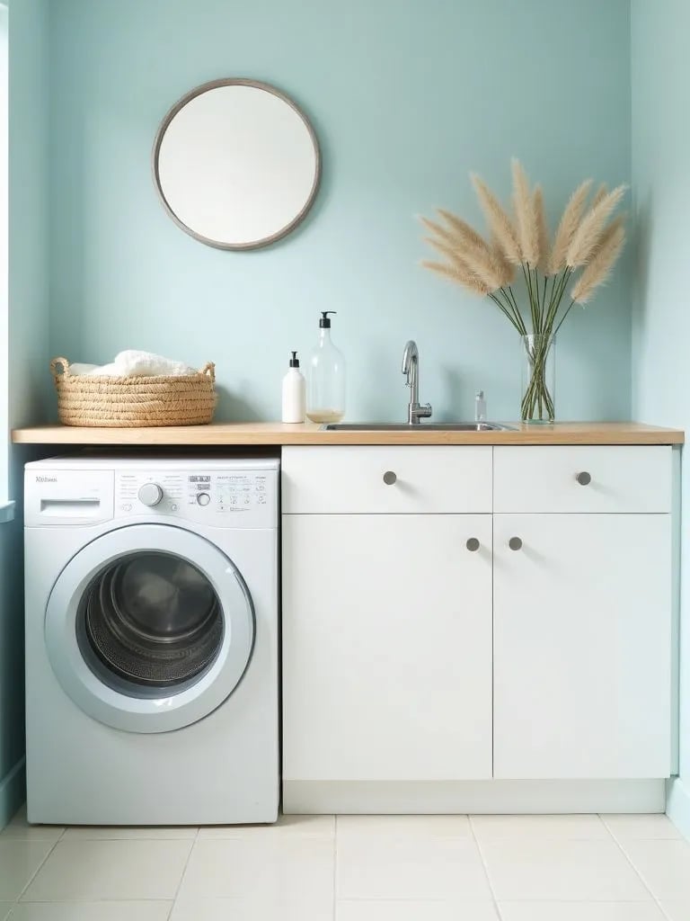 Serene laundry room with soft blue walls and white cabinets