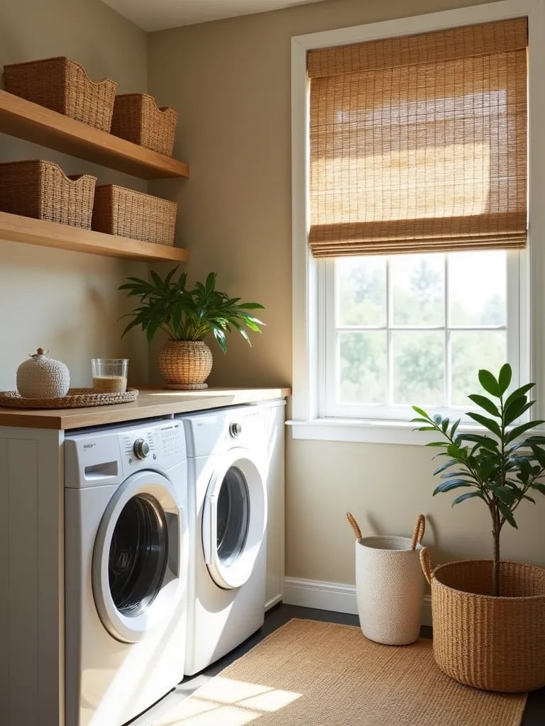Serene laundry room with textured grasscloth wallpaper and natural elements