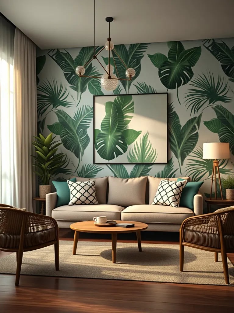Serene living area featuring leafy wallpaper and natural light
