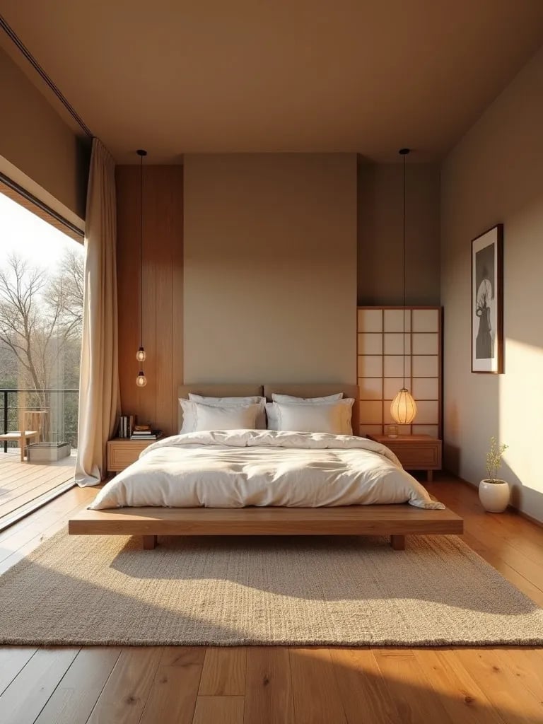 Serene taupe bedroom with Japanese inspired elements and bamboo flooring