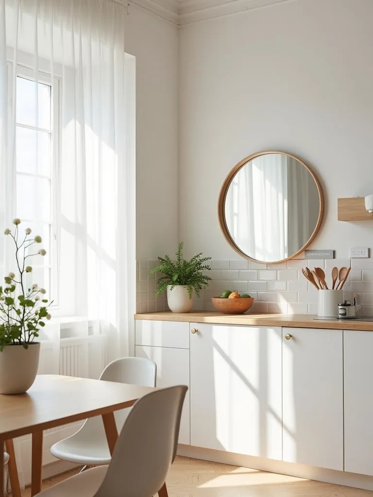 Serene white Scandinavian kitchen with wood accents and plants in morning light