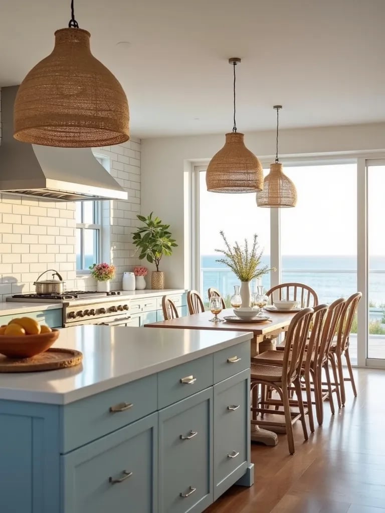 Serene white beach house kitchen with rattan lights and sea view