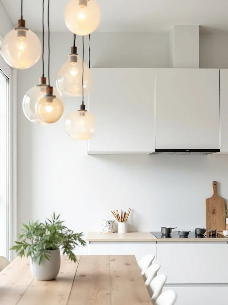 Serene white kitchen with minimalist lighting and Scandinavian touches
