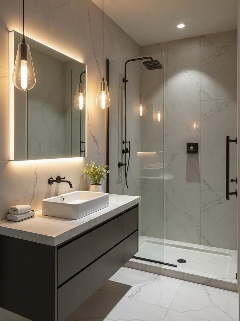 Sleek bathroom featuring vanity with pendant lights and LED mirror