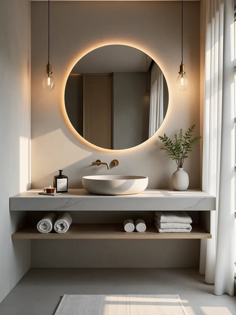 Sleek bathroom vanity with minimalist sink and pendant lights