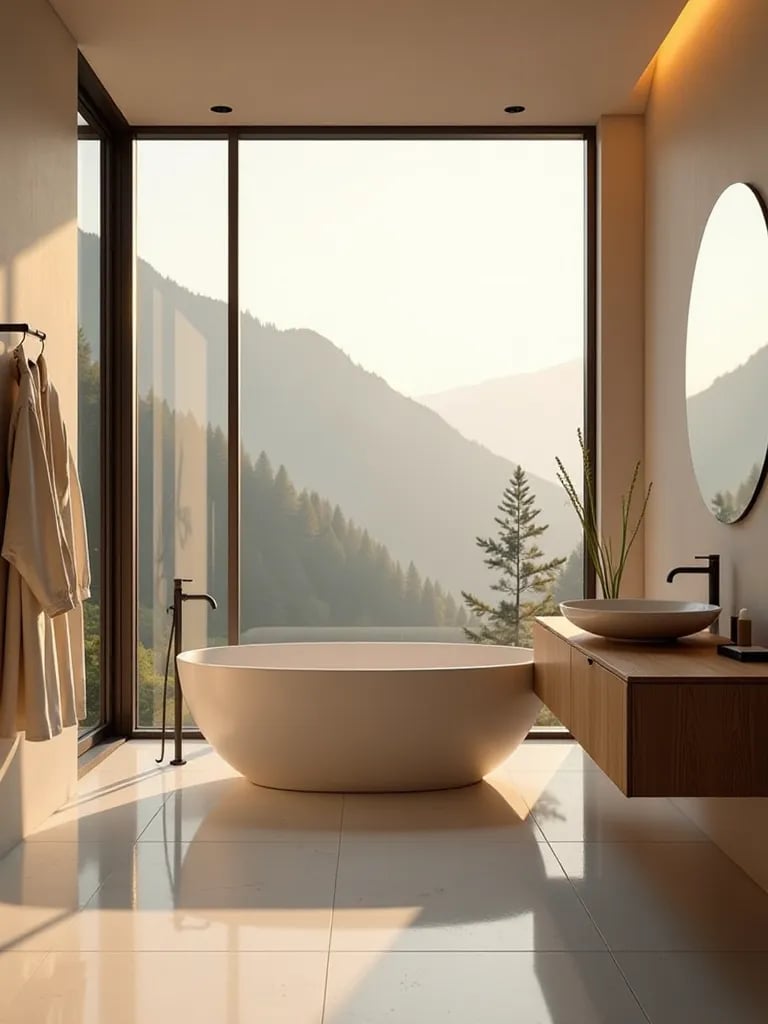 Sleek bathroom with freestanding tub and panoramic windows