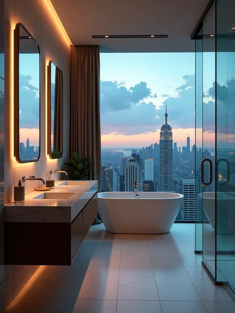 Sleek bathroom with glass shower, floating vanity, and city view