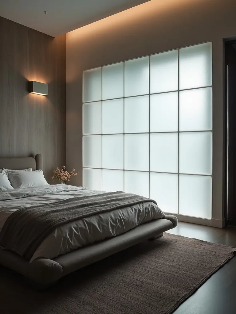 Sleek bedroom featuring ethereal backlit frosted glass wall