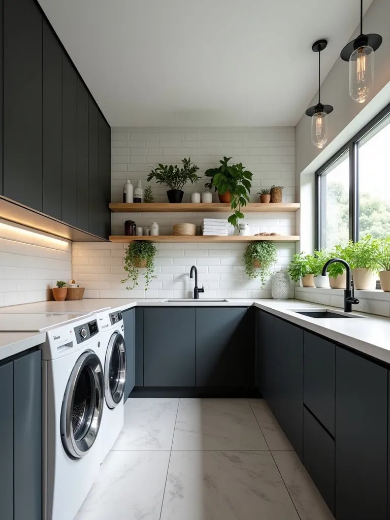 Sleek charcoal laundry room with white accents and green plants