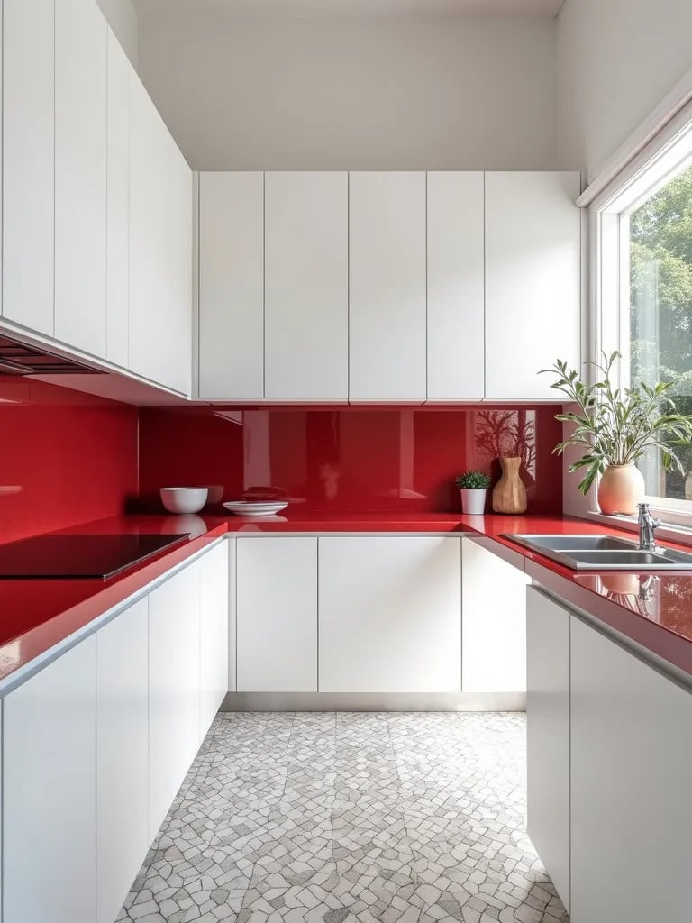 Sleek kitchen featuring white cabinetry, bold red counters, and stainless steel accents