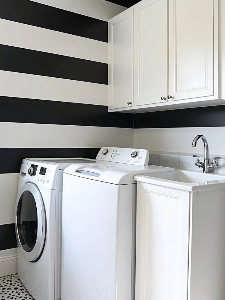 Sleek laundry room featuring striking black and white wallpaper and white cabinets