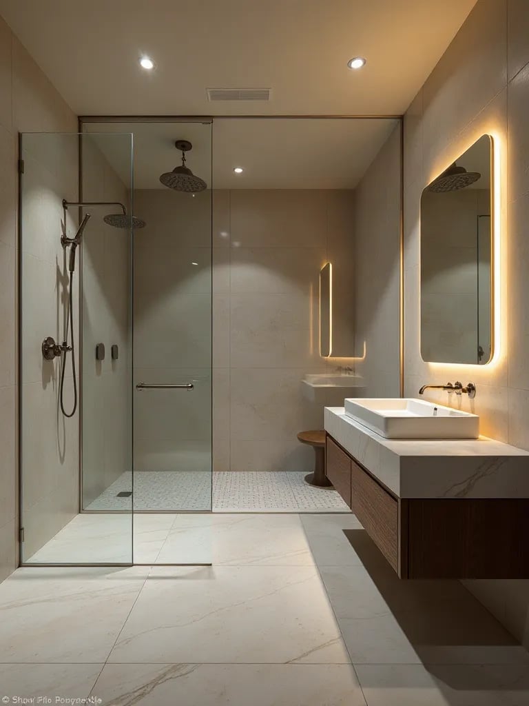Sleek minimalist bathroom featuring rainfall shower and backlit mirror