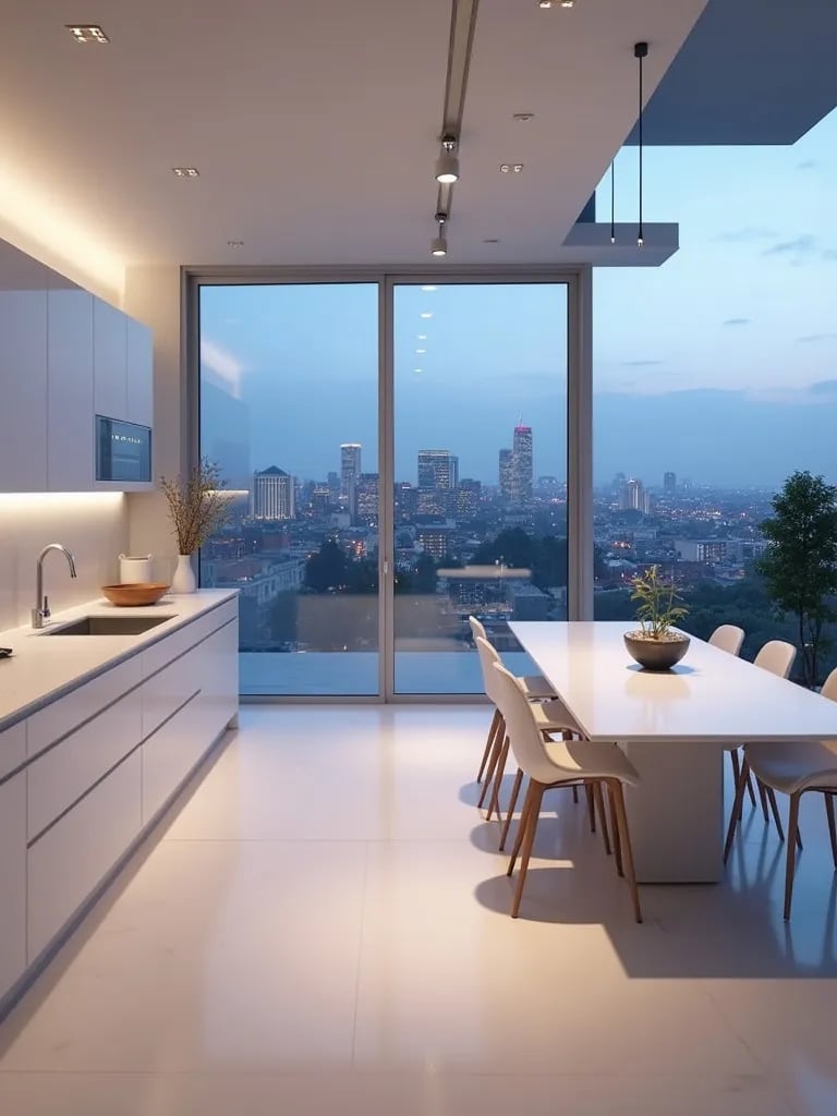 Sleek minimalist white kitchen with waterfall island and city view