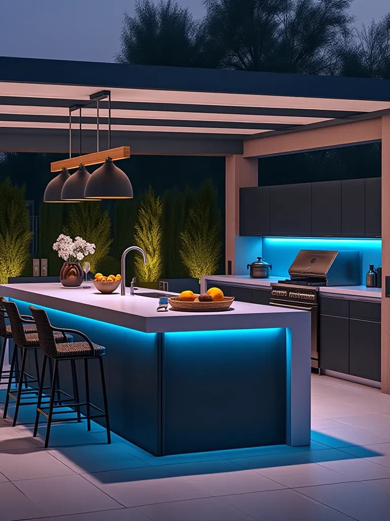 Sleek outdoor kitchen bar with modern LED lighting