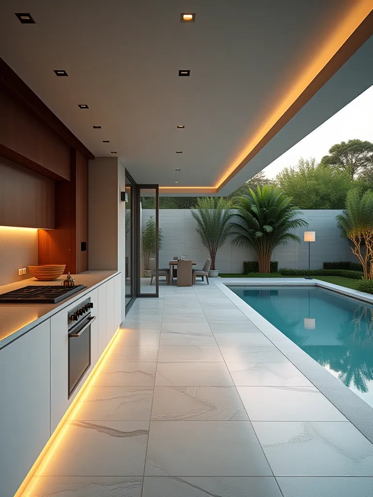 Sleek outdoor kitchen with built in grill overlooking serene pool area