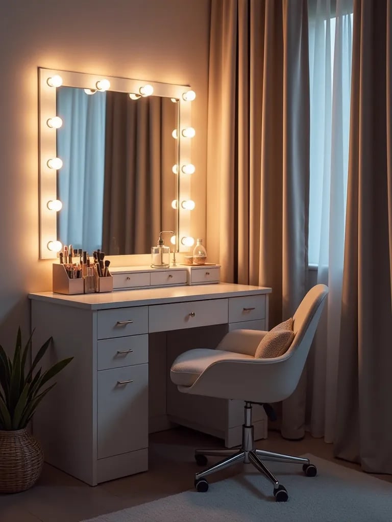Sleek vanity setup in bedroom with organized storage and soft lighting