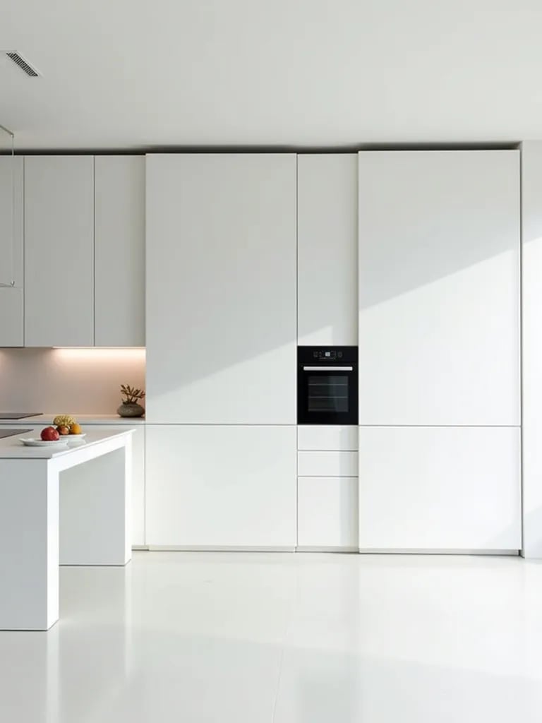 Sleek white kitchen with concealed storage behind sliding panels