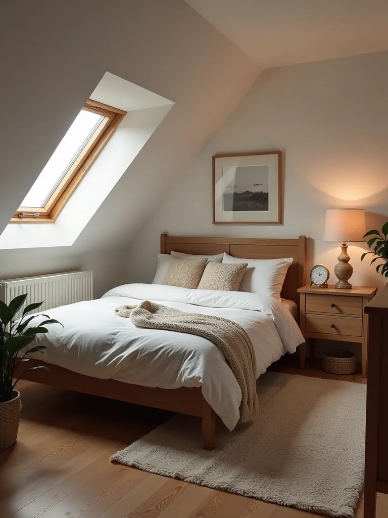 Small attic bedroom with skylight and space saving furniture