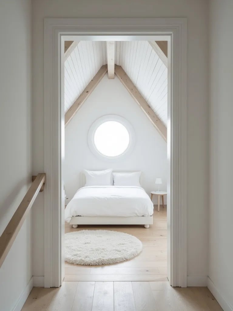Small attic bedroom with white walls, gray painted beams, and circular window
