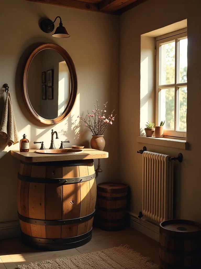 Small bathroom featuring upcycled wooden barrel vanity