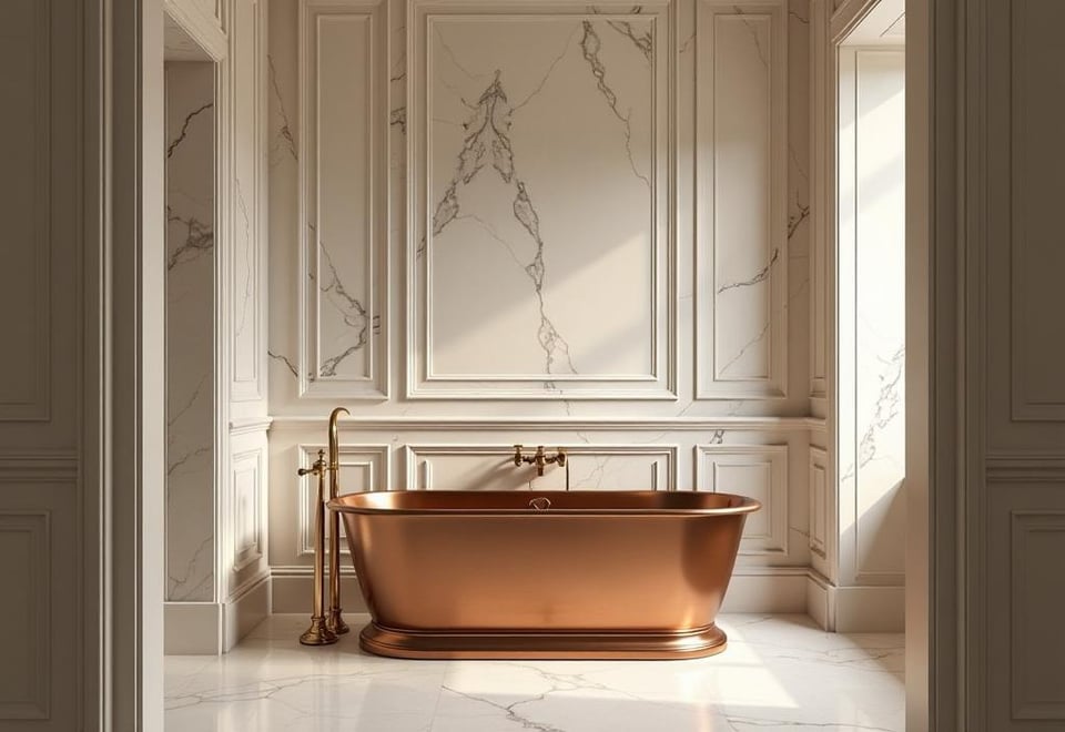 Small bathroom with freestanding copper bathtub and marble tiles