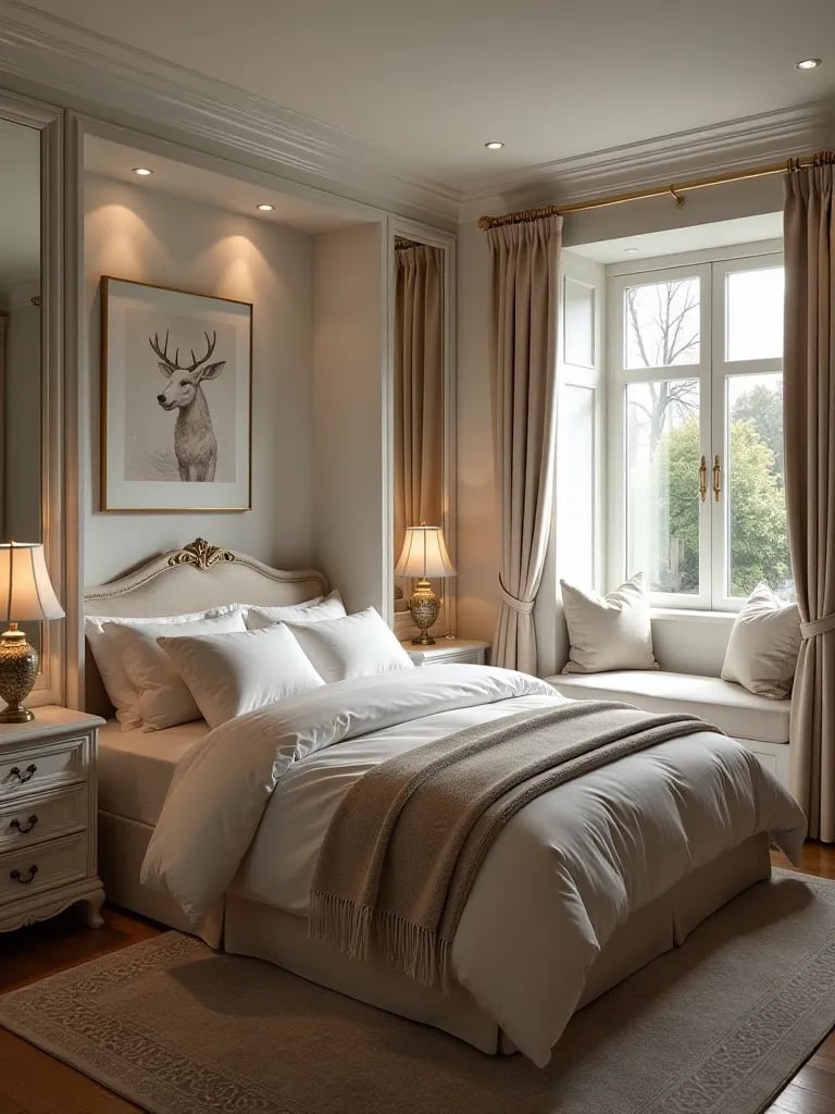 Small bedroom with canopy bed and mirrored closet doors