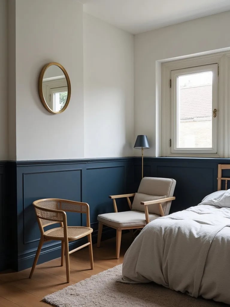 Small bedroom with contrasting navy and white walls, gold accents