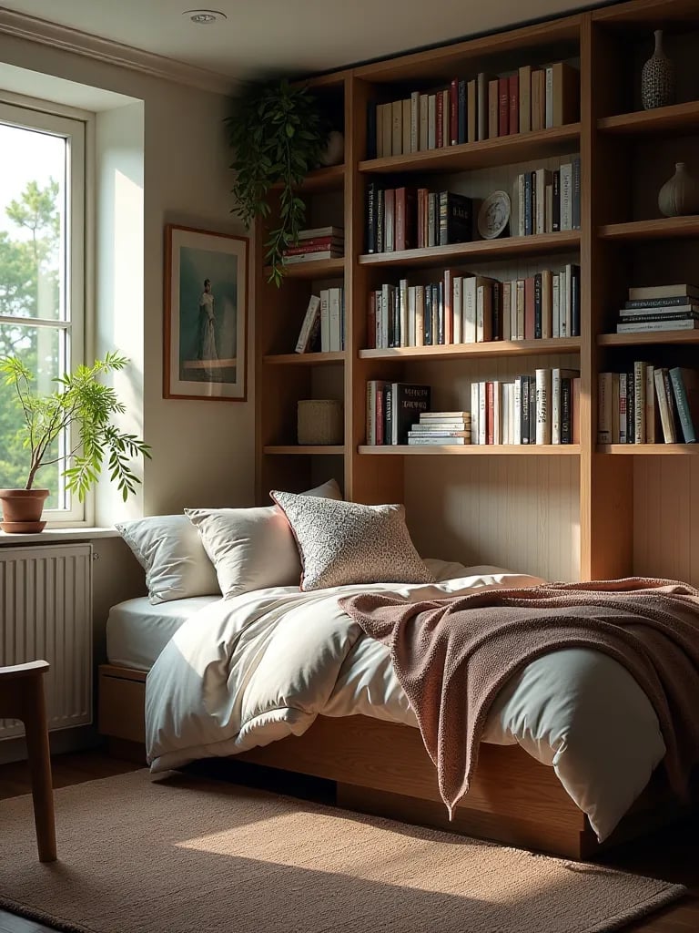 Small bedroom with daybed, bookshelves, and work nook